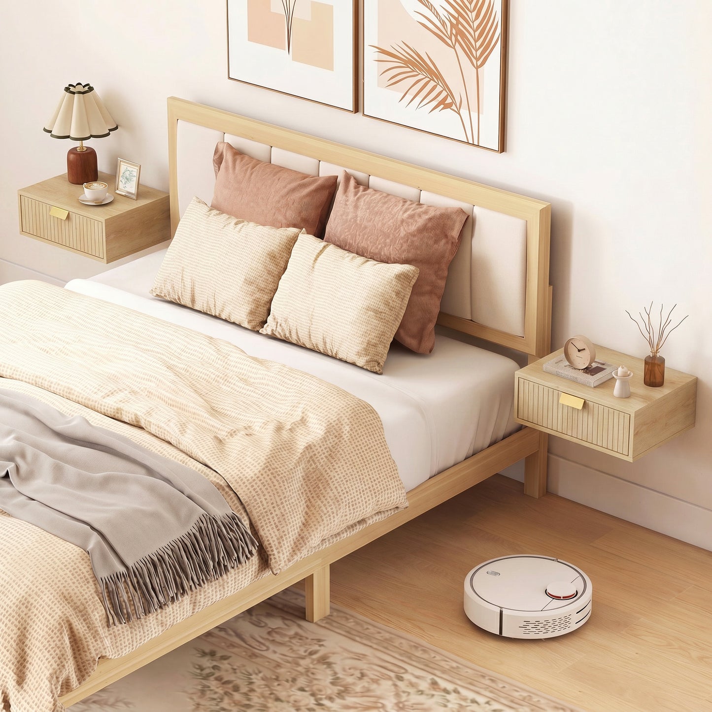HOMCOM Modern Floating Nightstands Set of 2, Wall Mounted Bedside Tables with Wave Drawer Oak