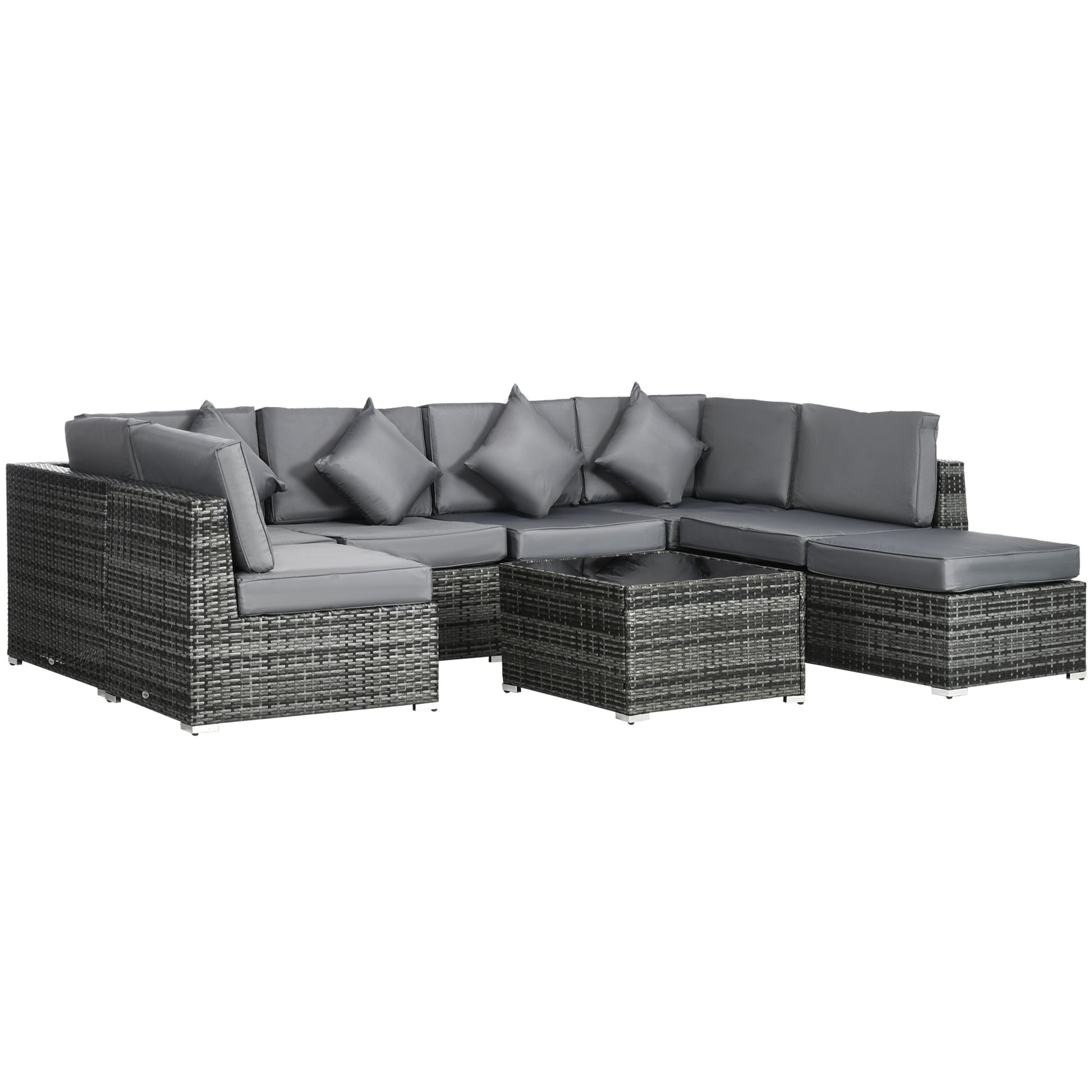 Photo of Outsunny 8 Pieces PE Rattan Corner Sofa Set, Outdoor Garden Furniture Set, Patio Wicker Sofa Seater w/ Cushion, Washable Cushion Cover & Tempered Glass Table, Grey in Grey colour on a white background