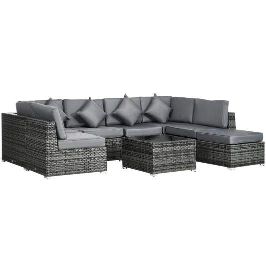 Photo of Outsunny 8 Pieces PE Rattan Corner Sofa Set, Outdoor Garden Furniture Set, Patio Wicker Sofa Seater w/ Cushion, Washable Cushion Cover & Tempered Glass Table, Grey in Grey colour on a white background