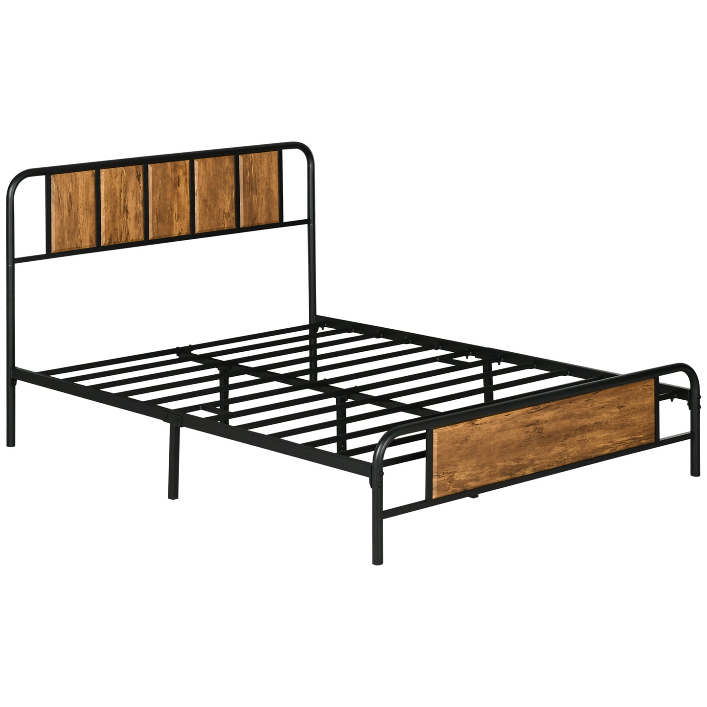 Photo of HOMCOM 4.8ft Double Bed Frame with Industrial Wood Headboard, Steel Slat Support and 25.5cm Underbed Storage Space, 145 x 197cm, Rustic Brown in Brown colour on a white background