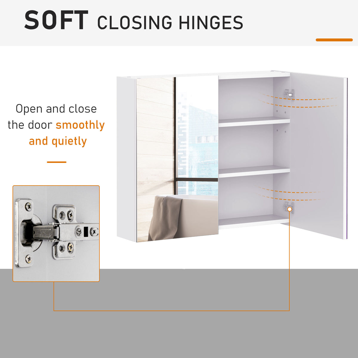 Open white mirrored bathroom cabinet with soft-close hinges