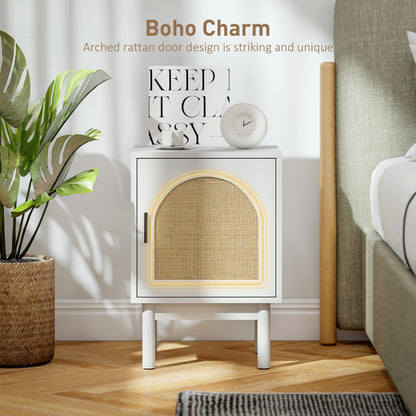 White bedside table with an arched rattan door and black handle