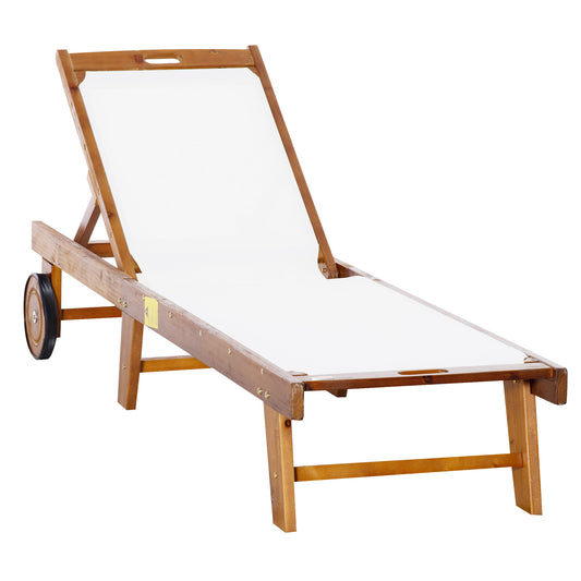 Photo of Outsunny Outdoor Acacia Wood Texteline Beach Sun Lounger Garden Patio Sunbed Recliner Chaise Adjustable Backrest with Wheels in Wheels colour on a white background