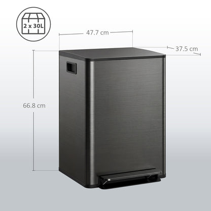 Dual-compartment stainless steel bin, 66.8 cm tall, with two 30L sections