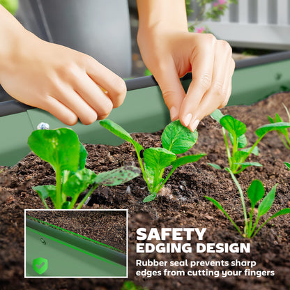 Green steel planter with a rounded rim beside hands planting seedlings
