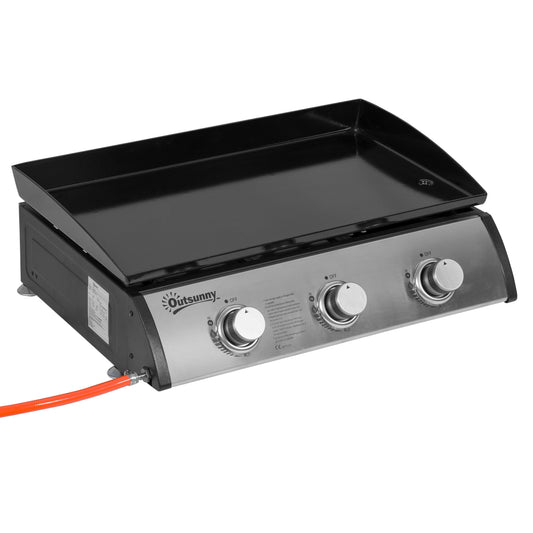 Photo of Outsunny Gas Plancha Barbecue Grill with 3 Stainless Steel Burner, 7.5kW, Portable Tabletop Gas BBQ with Non-Stick Griddle for Camping Picnic Garden Party Festival in Festival colour on a white background