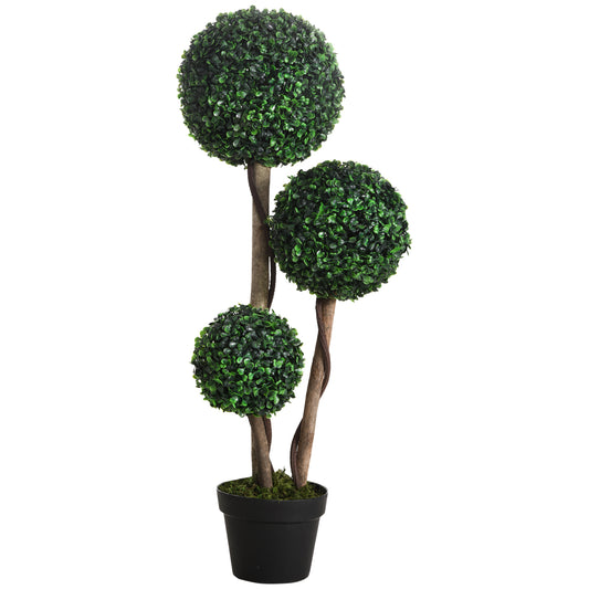 Photo of HOMCOM Decorative Artificial Trees Boxwood Ball Topiary Trees in Pot, UV-Cut Fake Plants for Home Indoor Outdoor Decor, 90 cm, Dark Green in Green colour on a white background