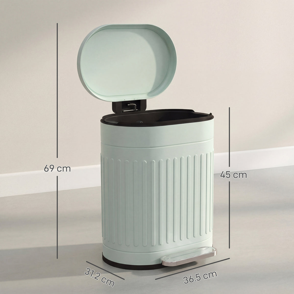 Light green kitchen bin shown open, with dimensions of 69 cm tall and 36.5 cm wide