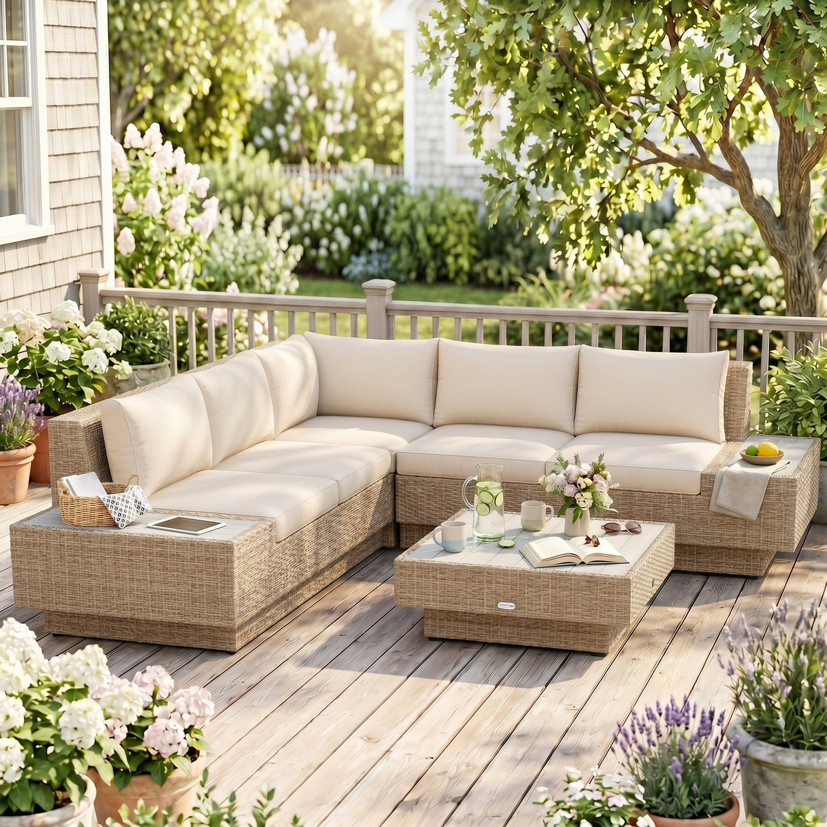 Beige cushioned rattan corner sofa set and slatted coffee table