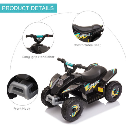 Black electric ride-on car with padded seat, easy-grip handlebar and front hook details