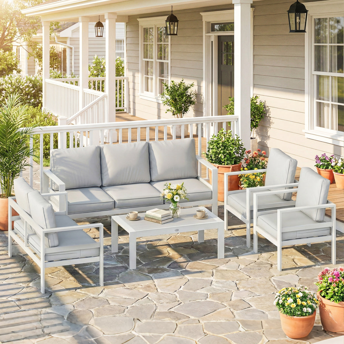 Outsunny 5 Pieces Aluminium Garden Furniture Set with Olefin Cushions, Extra Deep Outdoor Garden Sofa Set, White