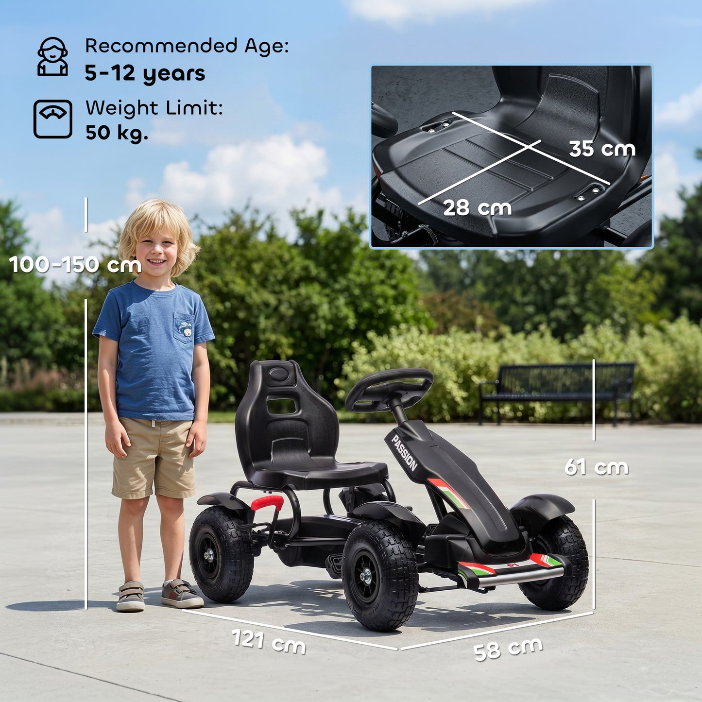 HOMCOM Metal Kids Pedal Go Kart with Adjustable Seat Inflatable Tyres Black