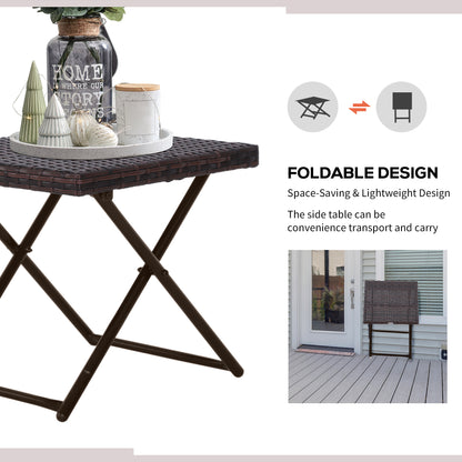 Brown folding side table with woven top, shown open and folded for storage