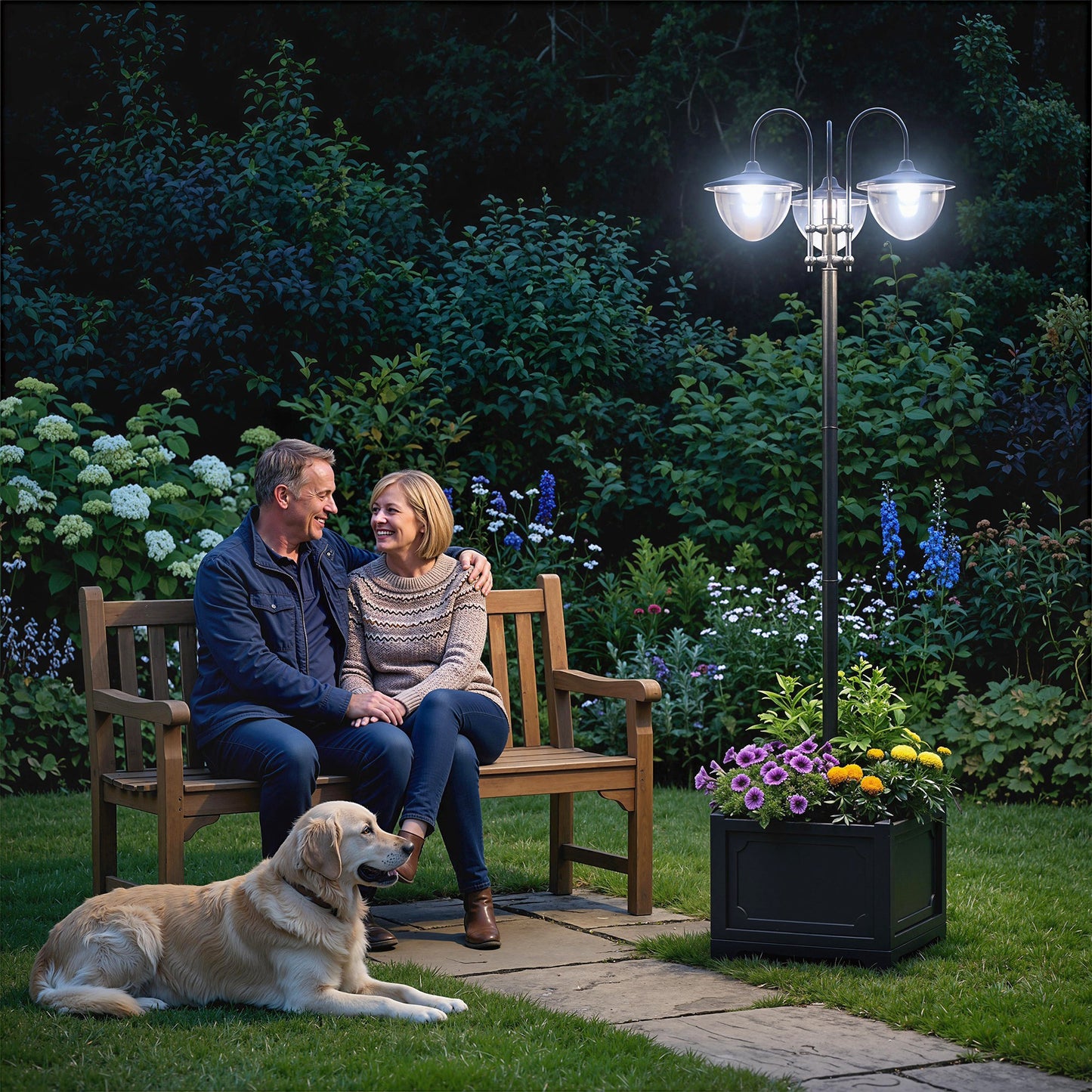 Outsunny 189cm 3-head Solar Lamp Post, Street Light with Planter, Automatic-on, 6 Hour Max Outdoor Ready LED Lighting, Black