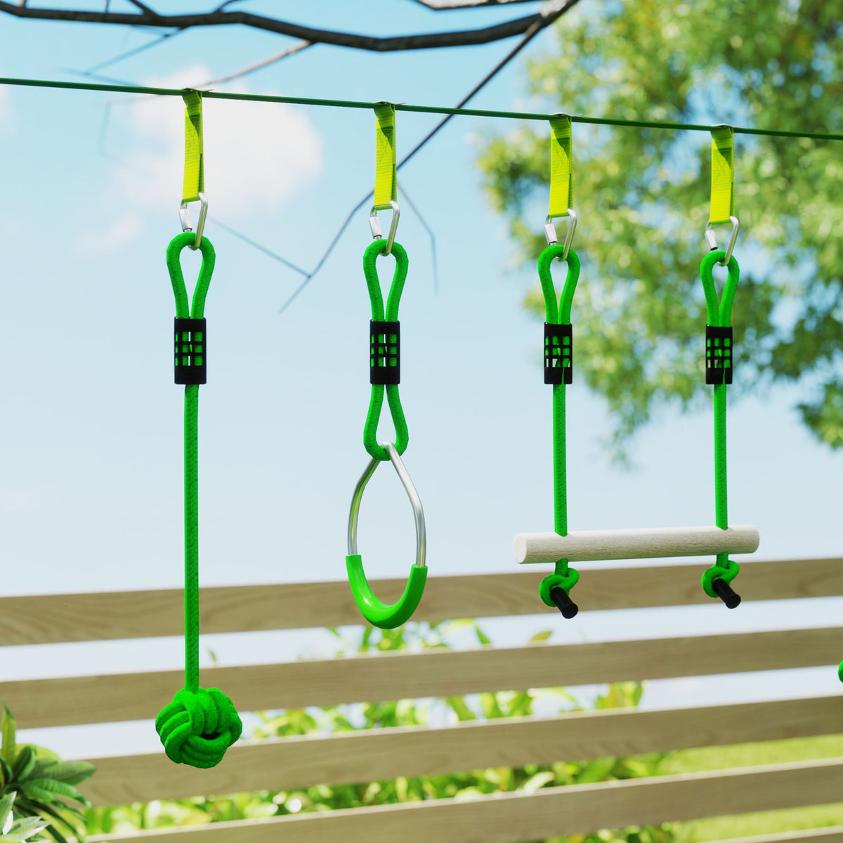 AIYAPLAY kids zip line kit with a green rope ball, metal ring, and wooden monkey bar