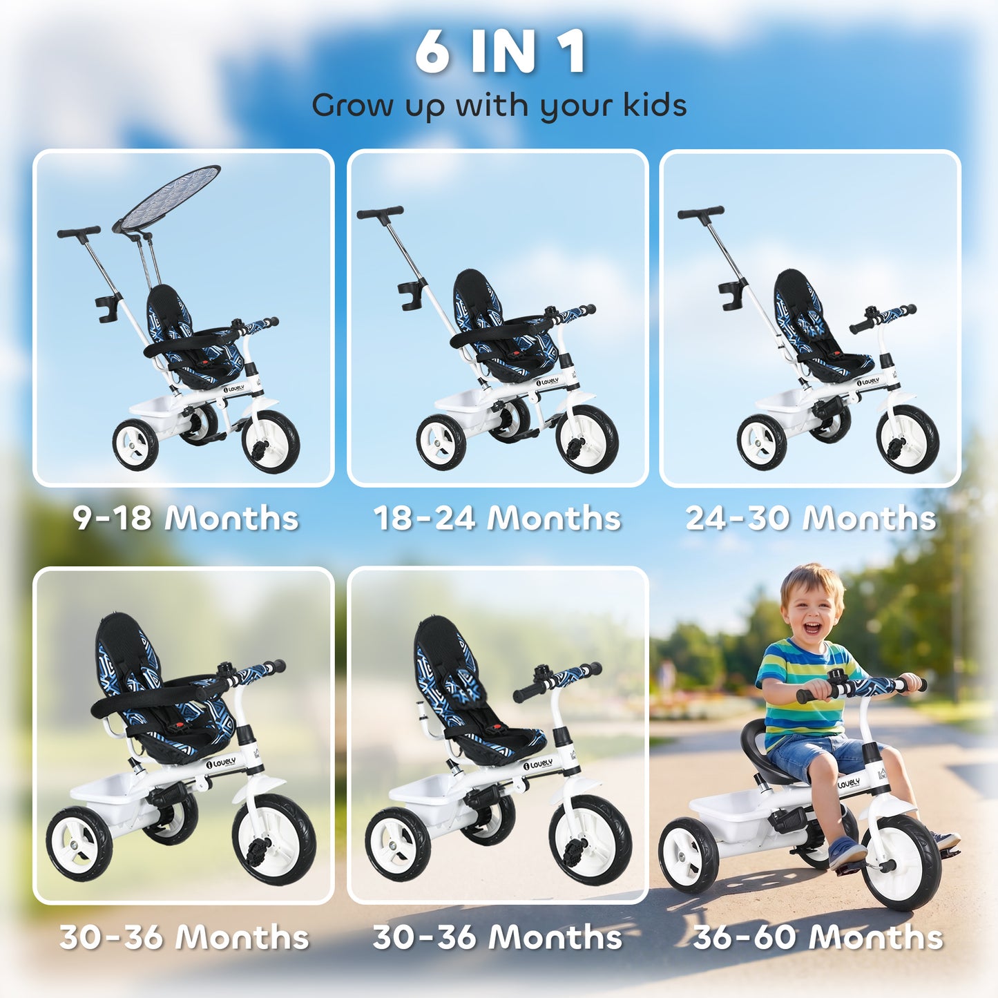 HOMCOM 6 in 1 Tricycle for Kids with 5-point harness straps, Removable Canopy, Blue