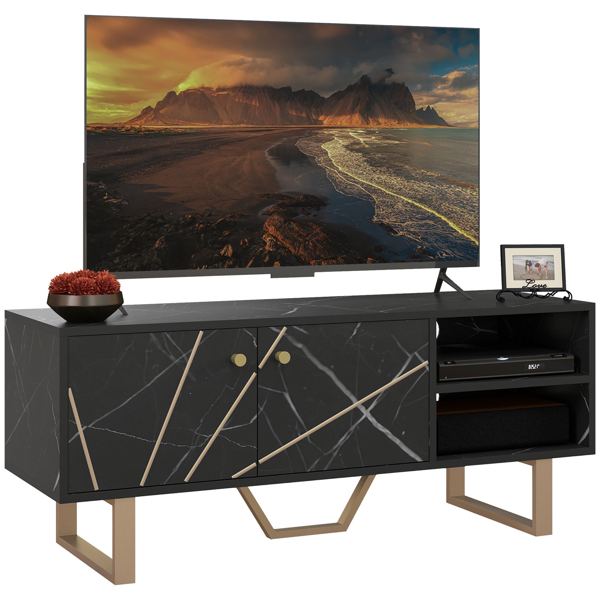 Photo of HOMCOM TV Stand Cabinet for TVs up to 50 Inches, TV Unit with Storage Shelves and Cupboard for Living Room, Black Marble Tone in Tone colour on a white background