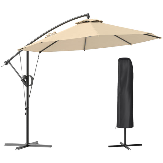 Photo of Outsunny 3(m) Garden Cantilever Parasol with Cover and Wind Protection Strap, Round Overhanging Umbrella with Crank Handle and Tilt, Banana Patio Umbrella for Outdoor Sun Shade, UPF50+, Khaki in Khaki colour on a white background
