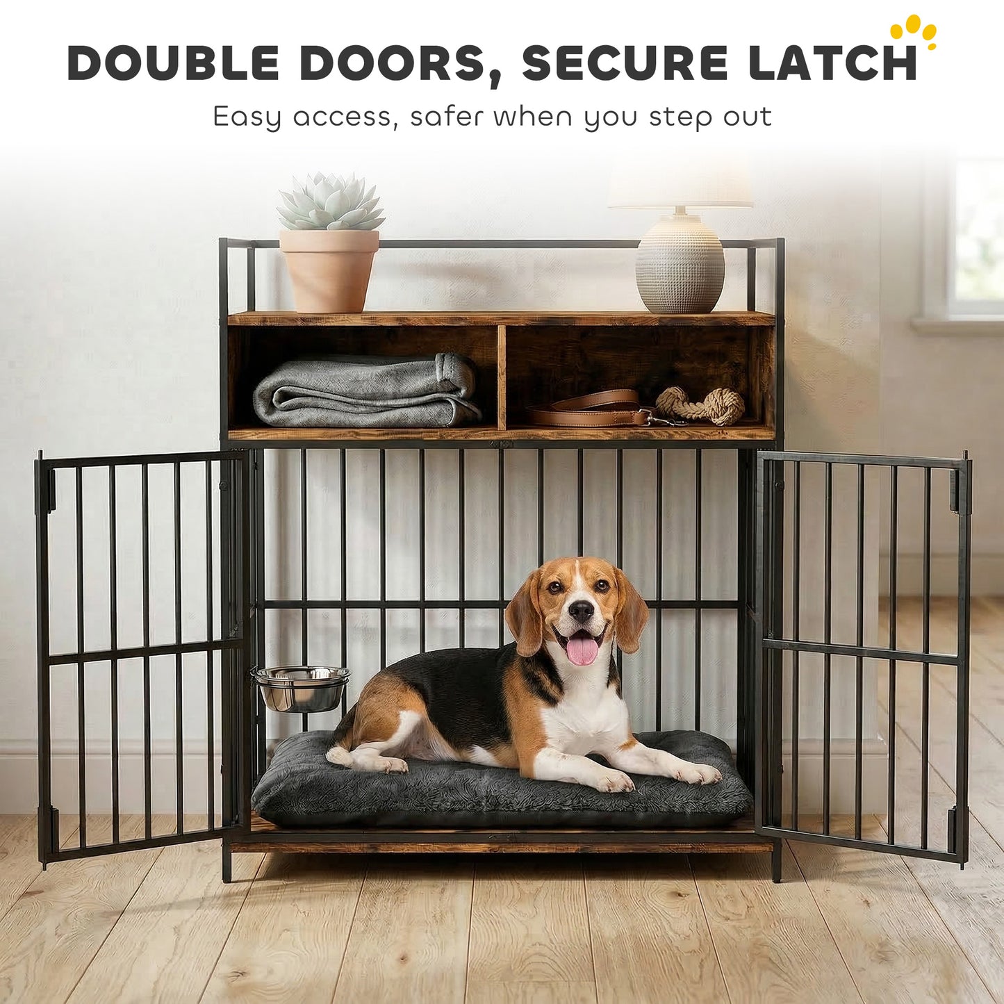 PawHut Dog Crate Furniture, Dog Cage with Rotatable Feeding Station and Storage Shelves, End Side Table Indoor Pet Kenne