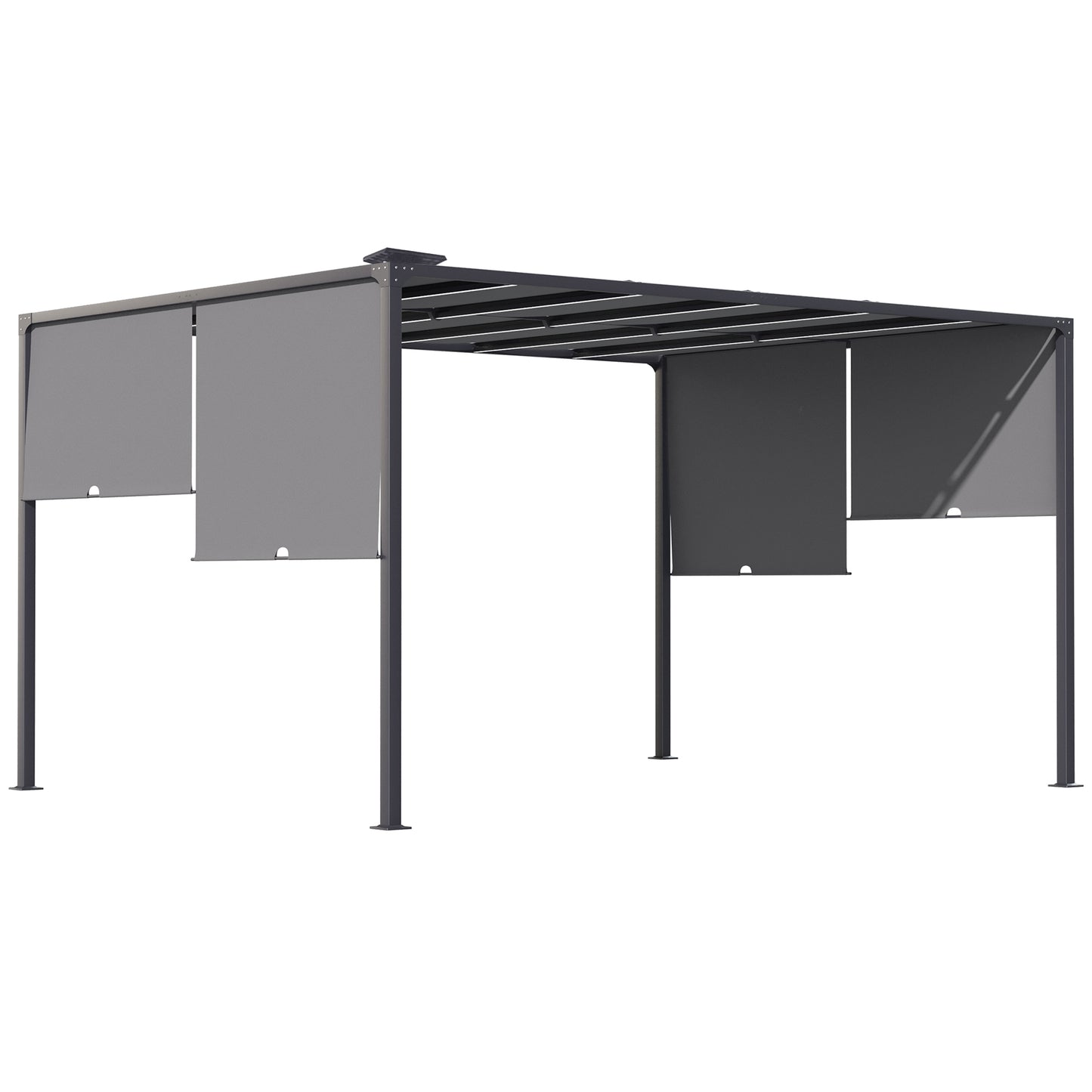 Photo of Outsunny 3(m) x 4m Metal Pergola with LED Lights, Outdoor Garden Pergola with Sliding Roof, Solar Powered, for BBQ, Lawn, Dark Grey in Grey colour on a white background