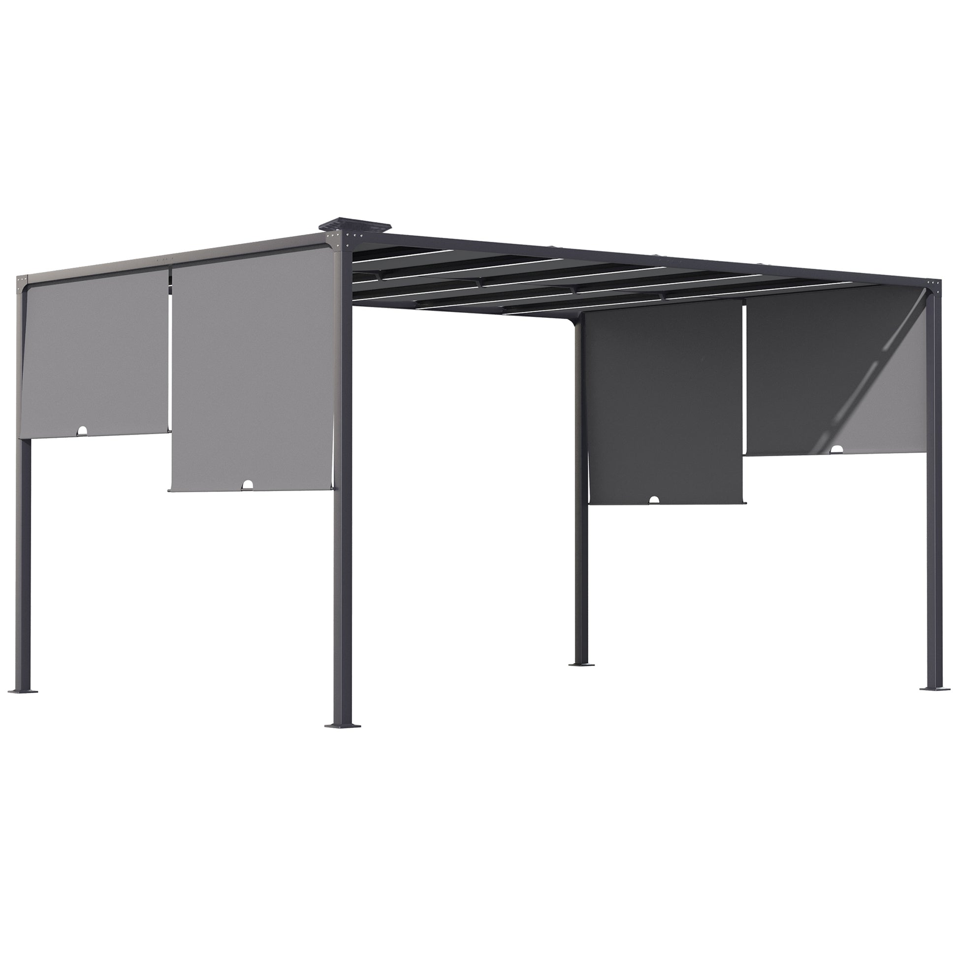 Photo of Outsunny 3(m) x 4m Metal Pergola with LED Lights, Outdoor Garden Pergola with Sliding Roof, Solar Powered, for BBQ, Lawn, Dark Grey in Grey colour on a white background