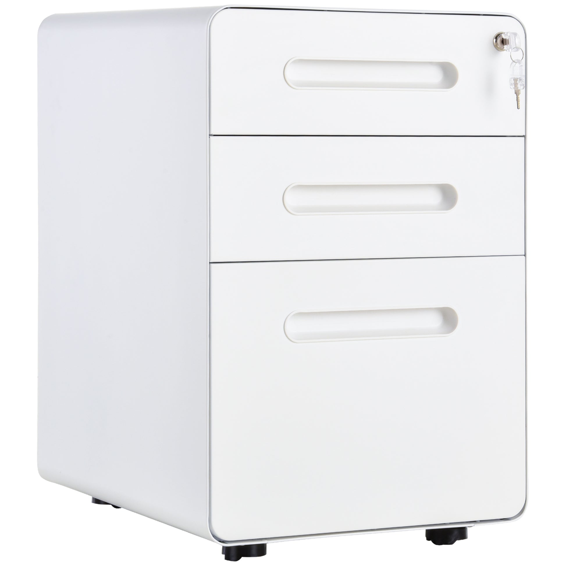 Photo of Vinsetto Lockable File Cabinet with 3 Drawers, Vertical Office Drawer for A4, Letter, Legal Size, Anti-tilt Design, Pre-Assembled Body, White in White colour on a white background