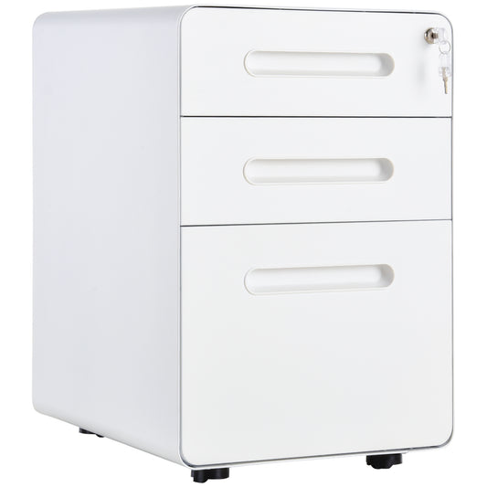 Photo of Vinsetto Lockable File Cabinet with 3 Drawers, Vertical Office Drawer for A4, Letter, Legal Size, Anti-tilt Design, Pre-Assembled Body, White in White colour on a white background