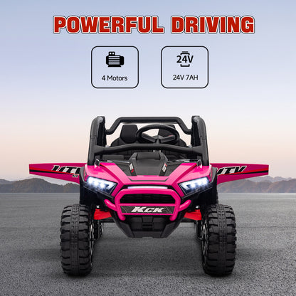 Front view of pink electric ride-on truck with four motors and a 24V 7Ah battery