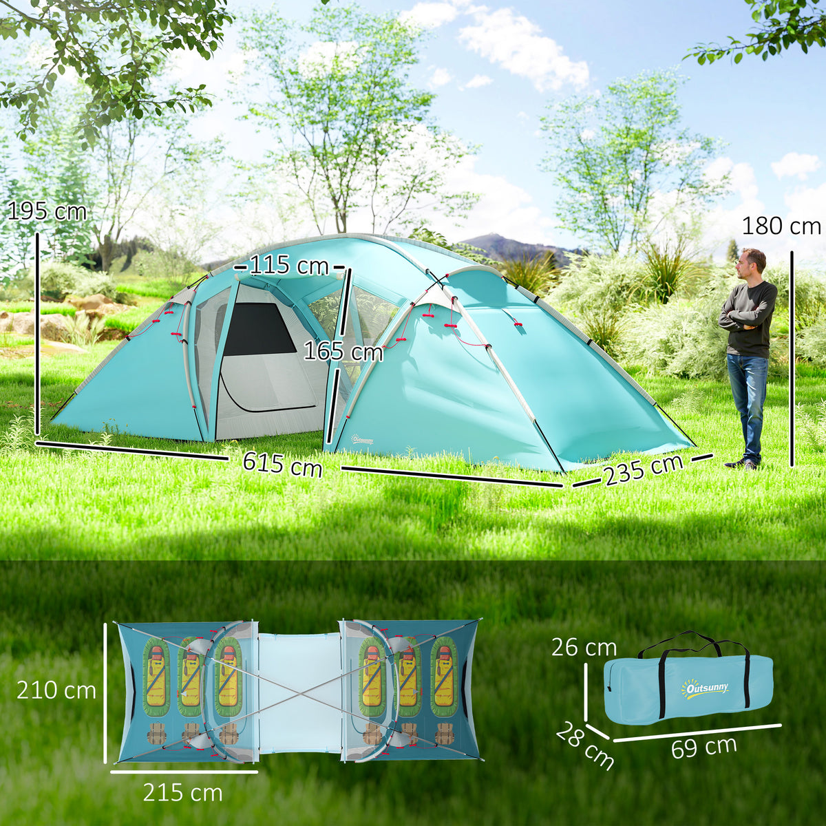 Outsunny blue family tent with dimension labels and a compact carry bag