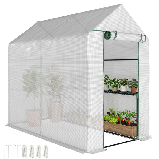 Photo of Outsunny Walk In Greenhouse with 2-Tier Shelves, Roll up Zip Panel Door, Garden Polytunnel Steeple Grow House for Outdoor, 6 x 4 x 6ft White in White colour on a white background