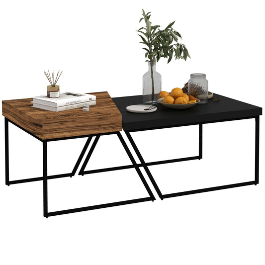 Photo of HOMCOM Coffee Table Set of 2, Industrial Nesting Table with Steel Frame and 8cm Thick Tabletop, Sofa Side End Table for Living Room, Rustic Brown in Brown colour on a white background
