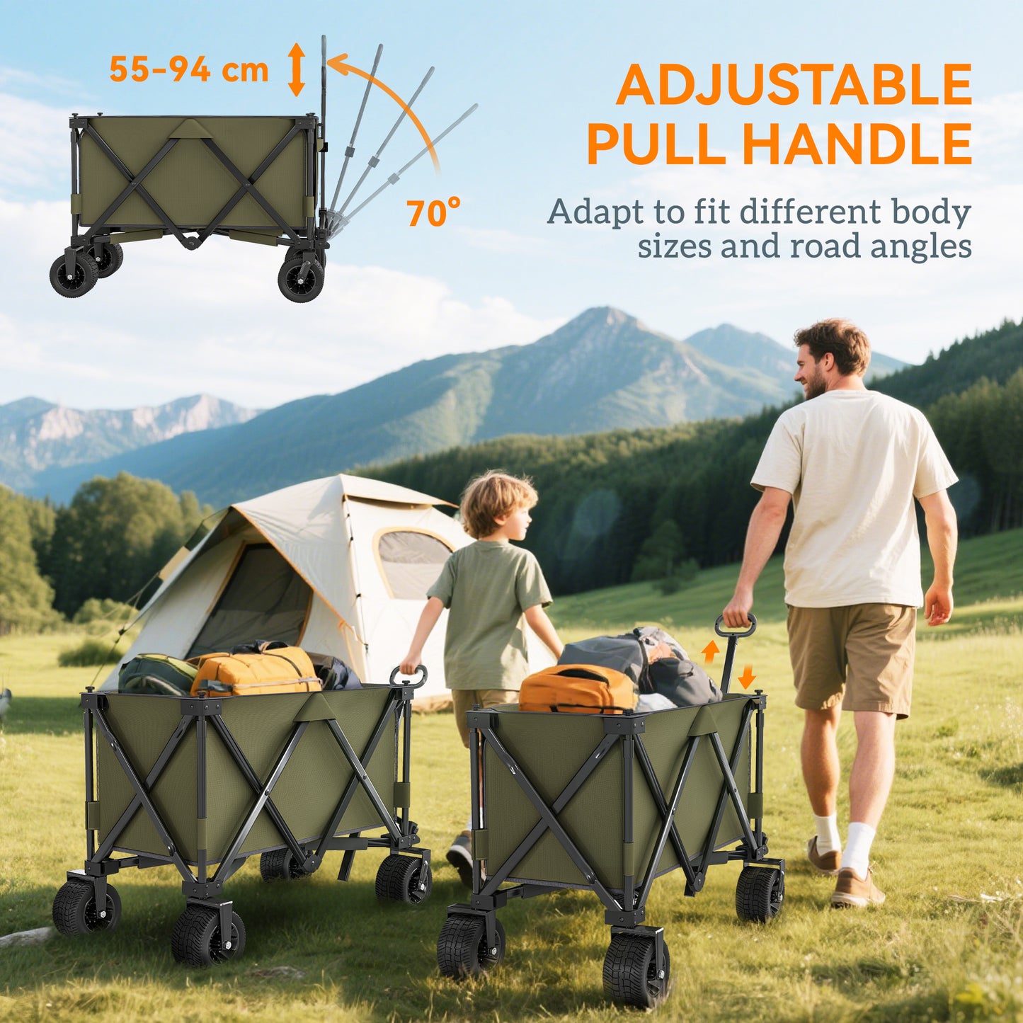 Outsunny 300L Festival Trolley on Wheels, Folding Camping Trolley Cart, Heavy Duty Collapsible Wagon Cart with Wide Wheels, Side Pockets for Outdoor Garden Picnic Beach Shopping Fishing, Green
