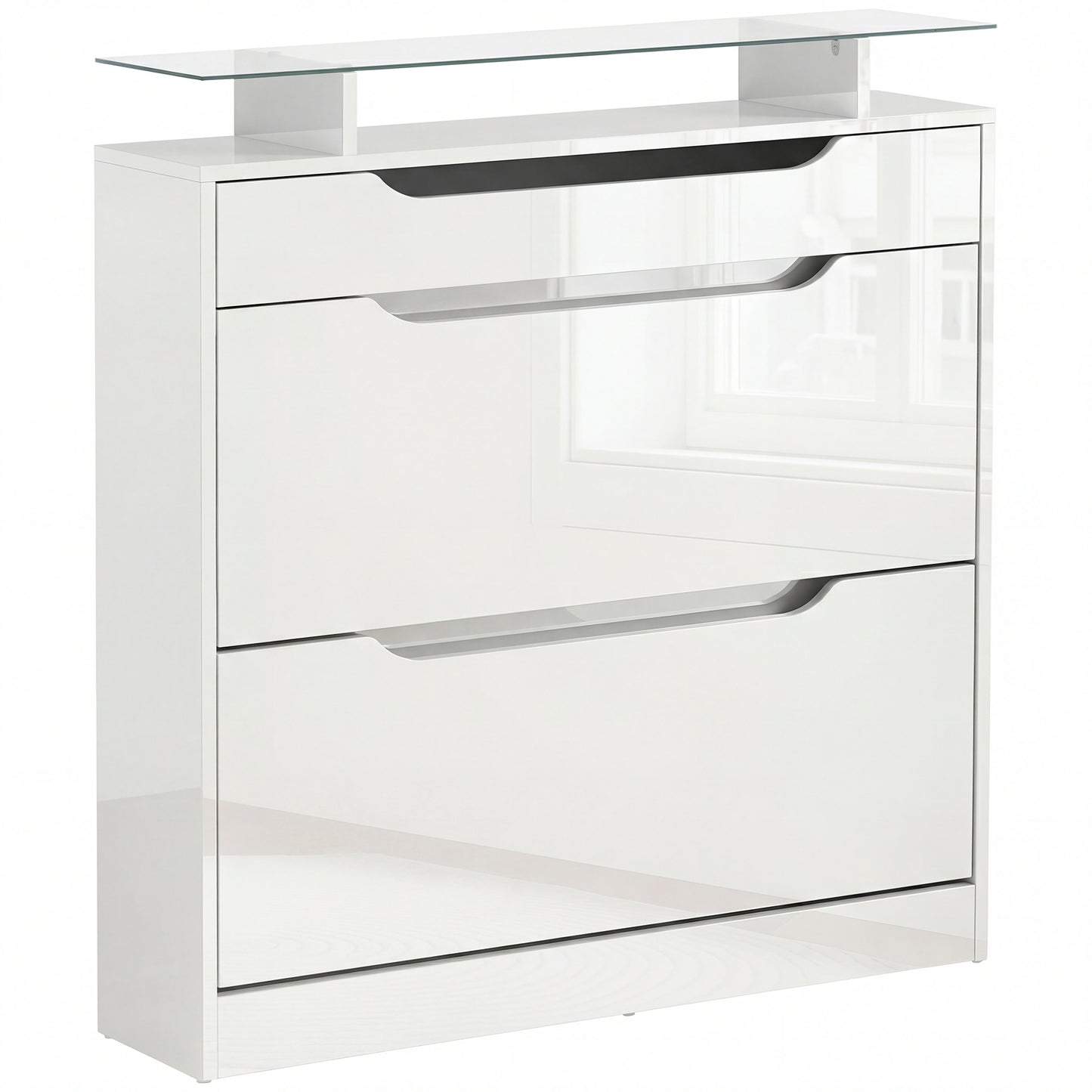 Photo of HOMCOM Shoe Storage Cabinet with Slide Out Drawer, 2 Flip Doors, Tempered Glass Top - White in White colour on a white background