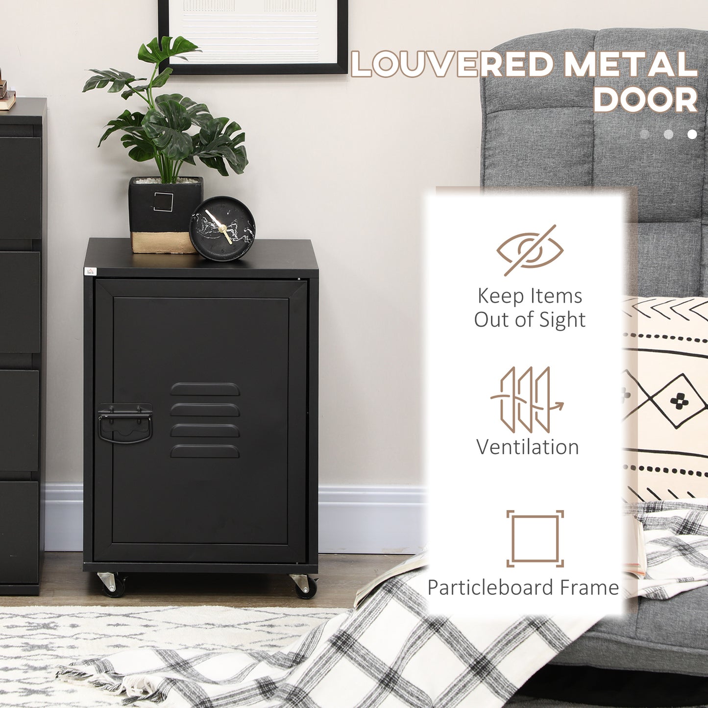 HOMCOM Rolling Metal Filing Cabinet, Industrial Mobile Storage Cabinet with Adjustable Shelf and Wheels for Home Office Living Room, Black