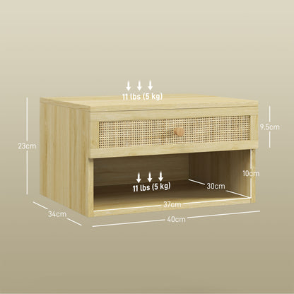 Wood-effect floating bedside table with rattan drawer, open shelf, and dimension markings