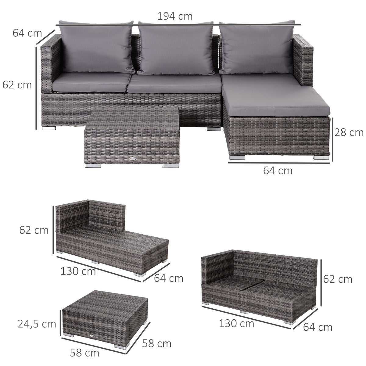 Outsunny 3PC Rattan Garden Furniture Storage Sofa Set, 4 Seater Wicker Coffee Table Conservatory Sun Lounger Reclining Set with Cushion, Grey