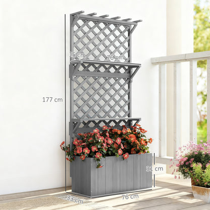 Outsunny grey wooden planter with trellis and shelves, shown with dimensions and flowers