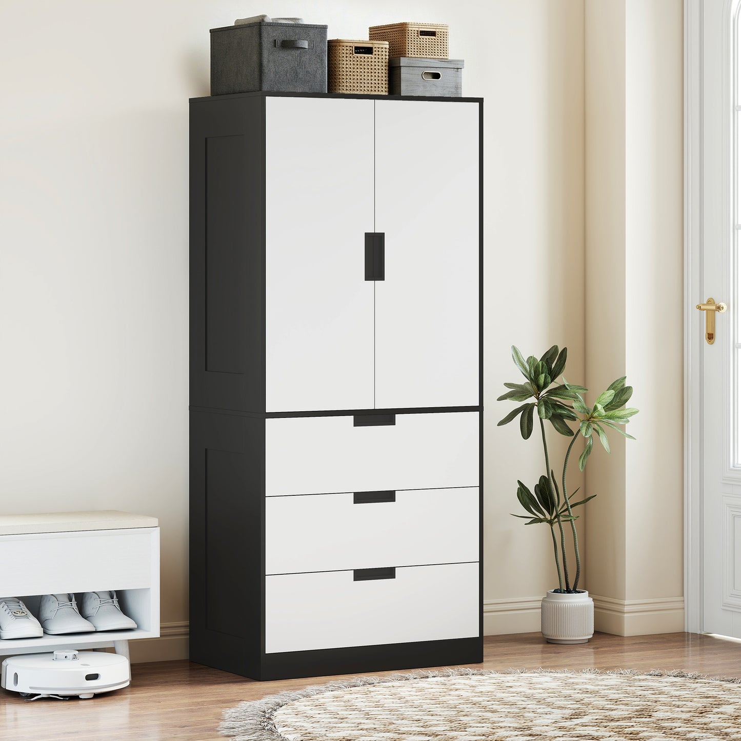 HOMCOM 2 Door Wardrobe, Modern Wardrobe with 3 Drawers and Hanging Rod for Bedroom, Black