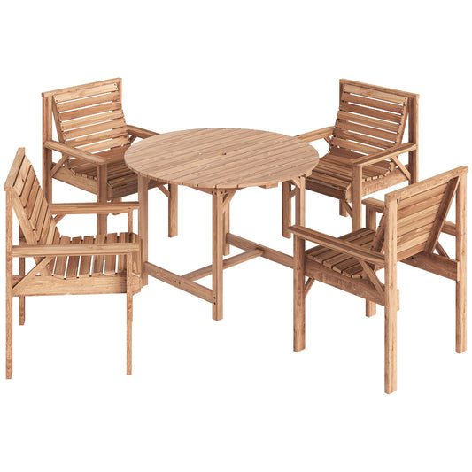 Photo of Outsunny 5 Pieces Garden Dining Set with Parasol Hole, Round Outdoor Table and Chairs, 4 Seater Wooden Garden Furniture, Natural in Natural colour on a white background