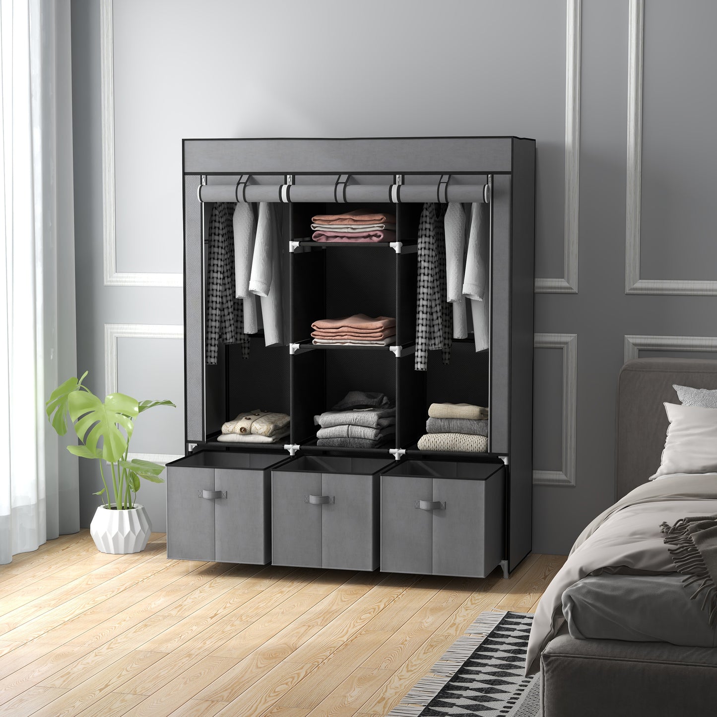 HOMCOM Foldable Fabric Wardrobe for Bedroom, Portable Wardrobe with 5 Shelves, 2 Hanging Rails and 3 Fabric Drawers, Dark Grey