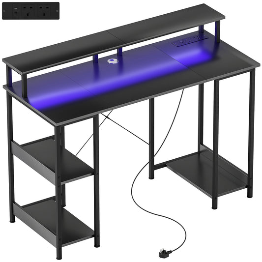 Photo of HOMCOM LED Computer Desk, with Power Outlets and Shelves - Carbon Fibre Grey in Grey colour on a white background