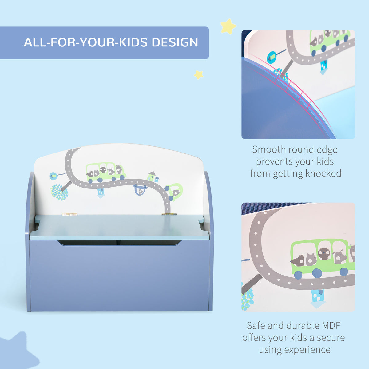 Blue toy box bench with rounded sides and a train-decorated back panel