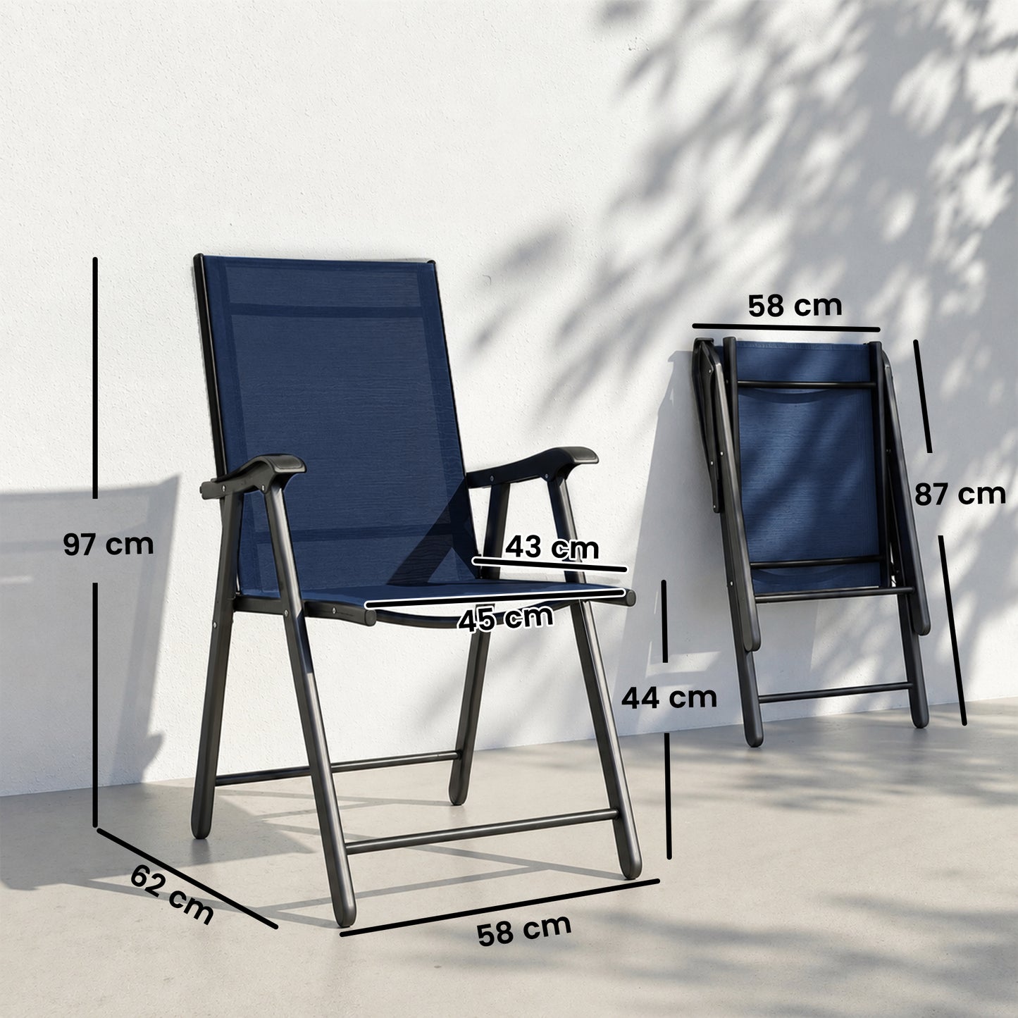 Outsunny Folding Garden Chairs Set of 2, Foldable Garden Dining Chairs with High Back, Armrests, Texteline Seat, Navy Blue