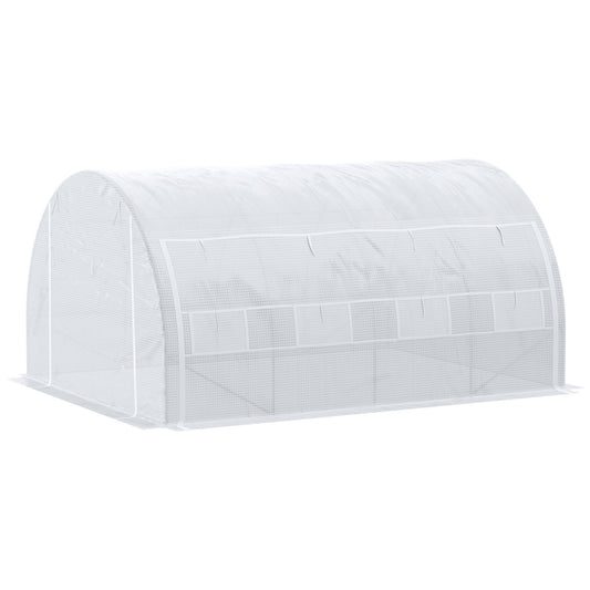 Photo of Outsunny 4 x 3 x 2 m Polytunnel Greenhouse with Roll-up Side Walls, Walk-in Grow House Tent with Steel Frame, Reinforced Cover, Zipped Door and 12 Mesh Windows for Garden, White in White colour on a white background