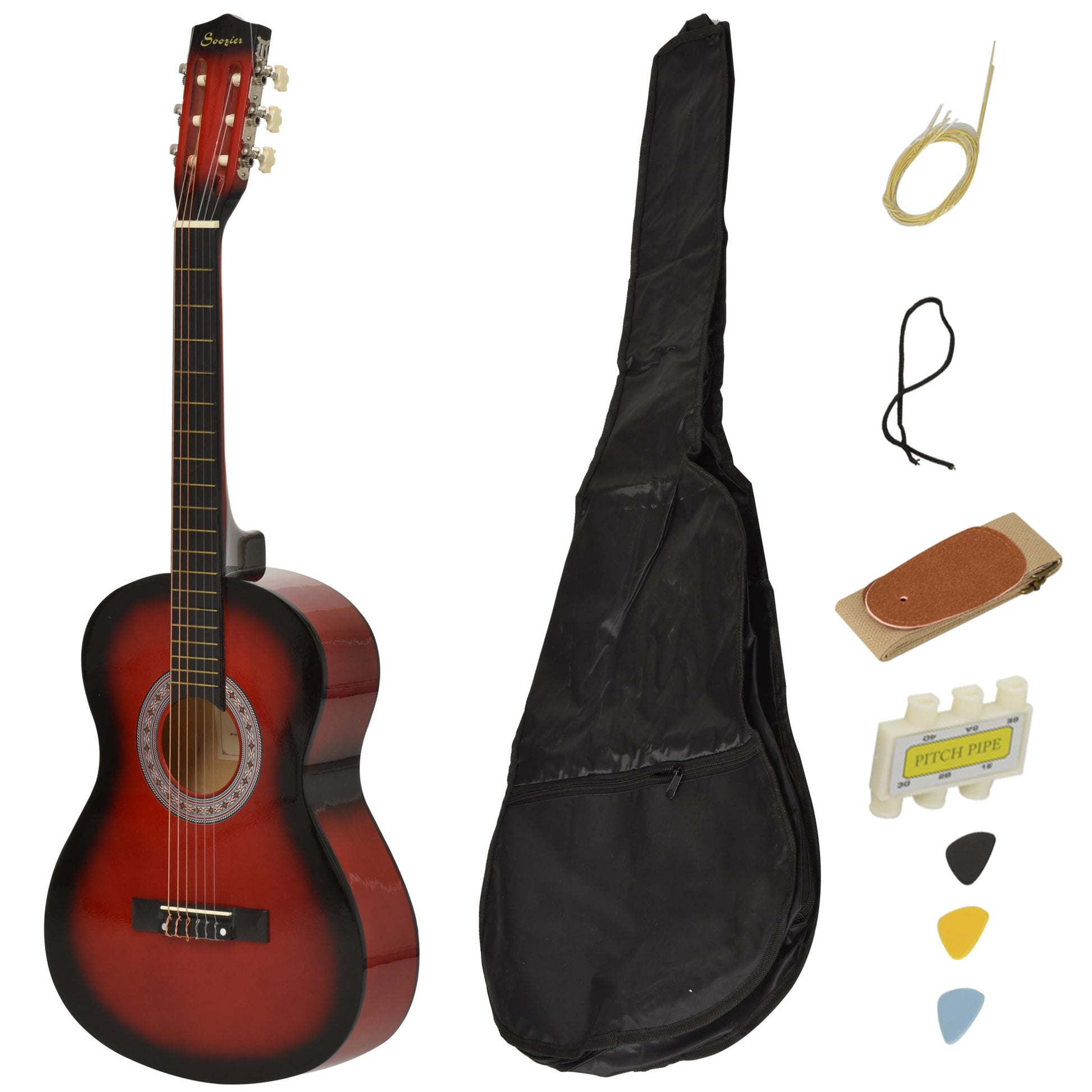 Photo of HOMCOM 36" 3/4 Beginner Acoustic Guitar Set, with Protective Case, Red in Red colour on a white background