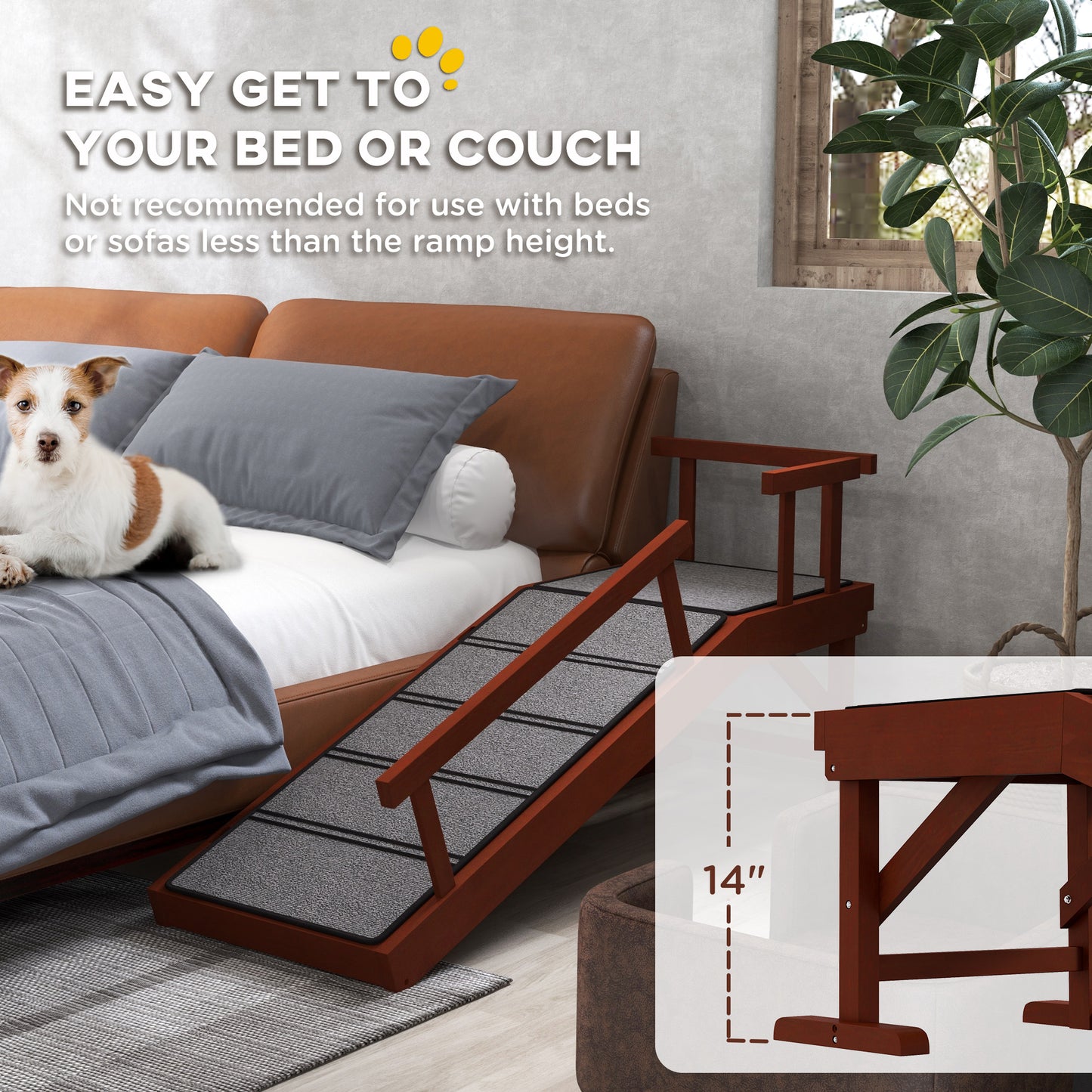 PawHut Wooden Dog Ramp with Removable Guardrails, Non-Slip Surface, 125 cm Long, Brown