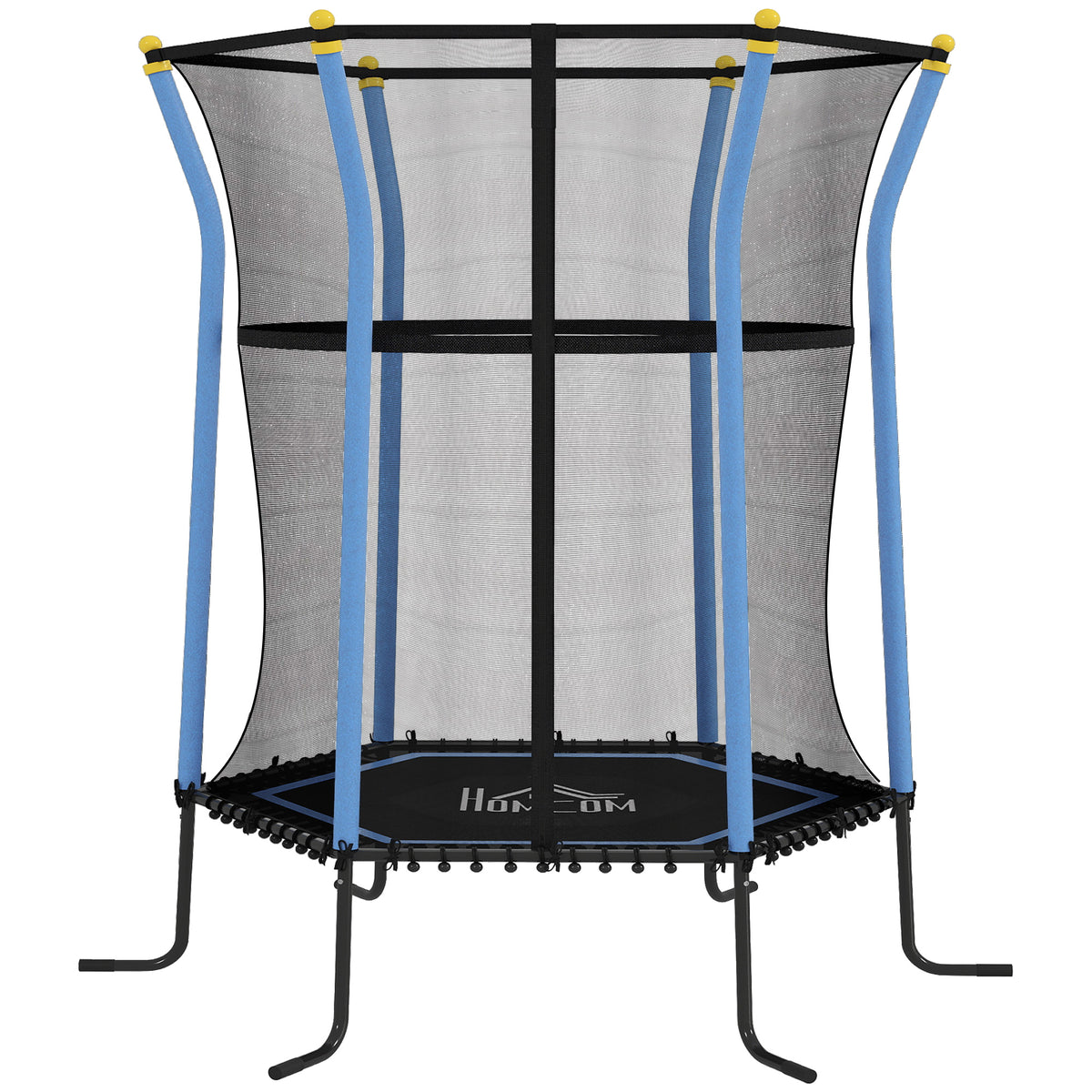 HOMCOM kids trampoline with black safety net, blue padded poles, and curved steel legs