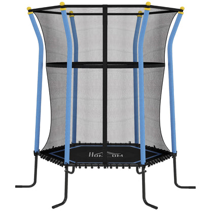 HOMCOM kids trampoline with black safety net, blue padded poles, and curved steel legs