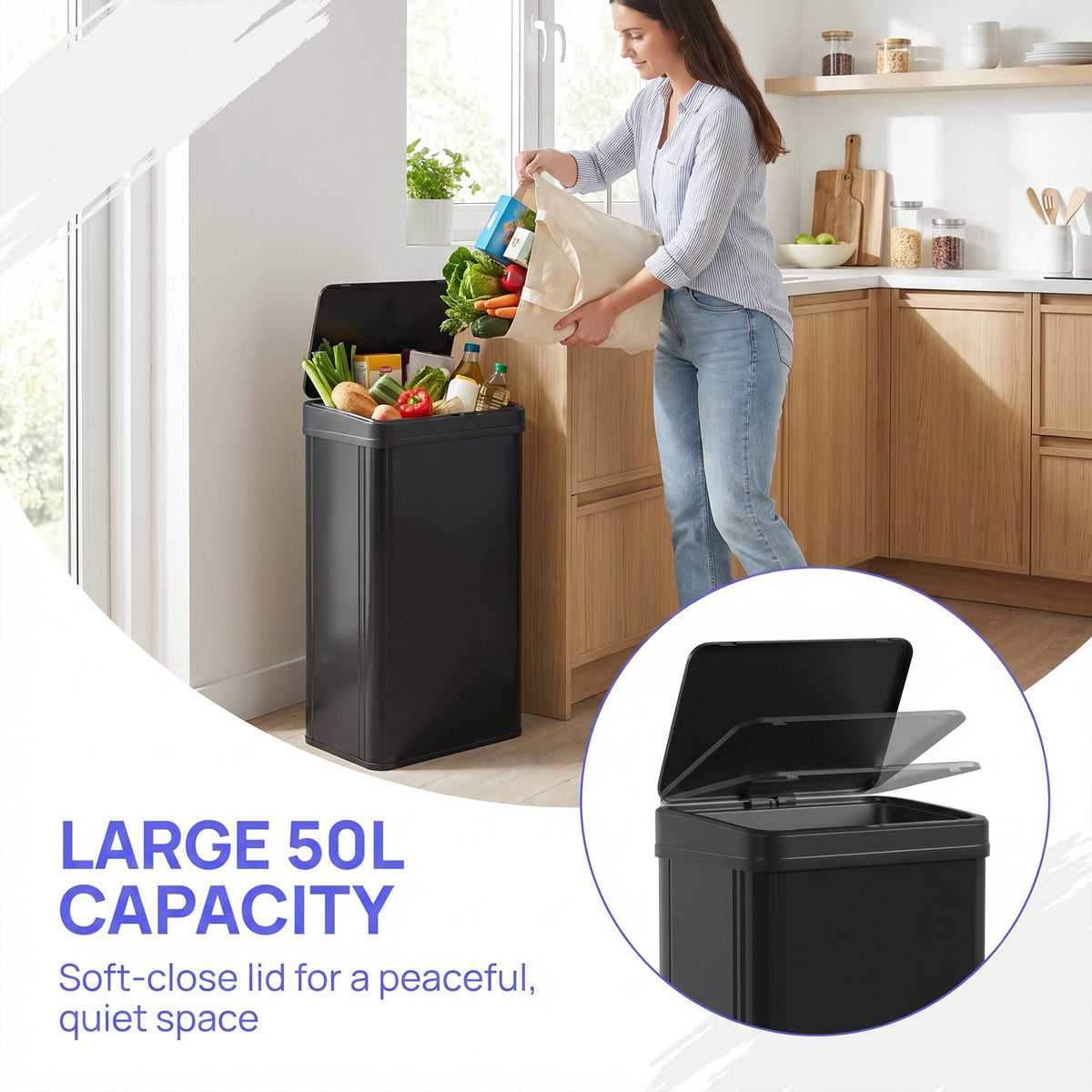 HOMCOM 50L Sensor Bin with Soft-Close Lid, Stainless Steel Automatic Touchless Motion Sensor Kitchen Bin, Black
