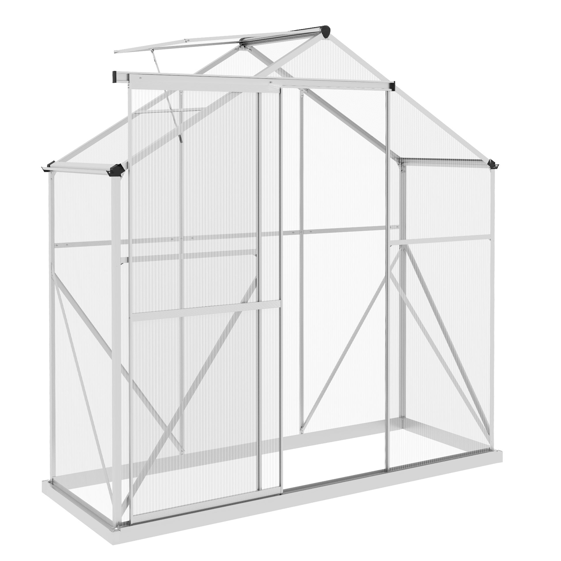 Photo of Outsunny 6 x 2.5ft Polycarbonate Greenhouse Walk-In Green House with Rain Gutter, Sliding Door, Window, Foundation, Silver in Silver colour on a white background